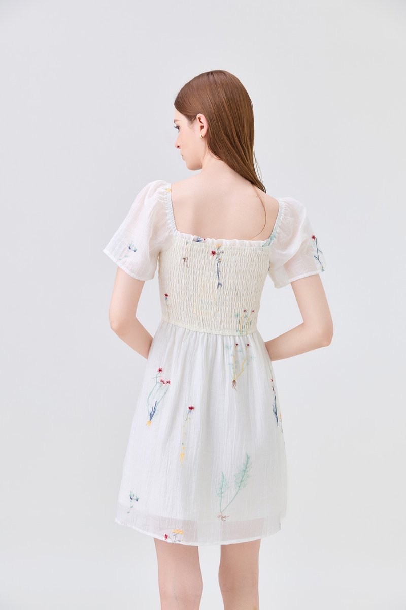 Fiora Embroidered Smocked Dress In Cream