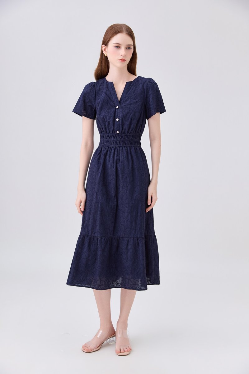 Violetta Embroidered Midi Dress In Navy