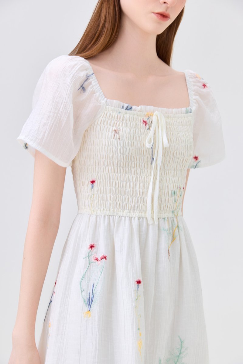 Fiora Embroidered Smocked Dress In Cream