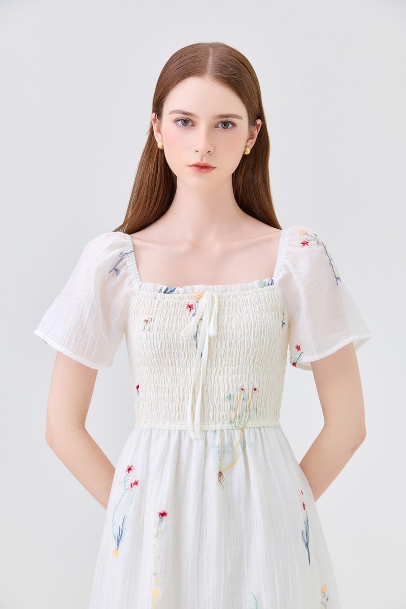 Fiora Embroidered Smocked Dress In Cream