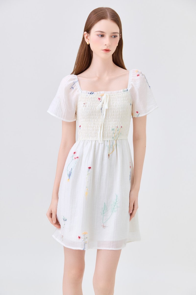 Fiora Embroidered Smocked Dress In Cream