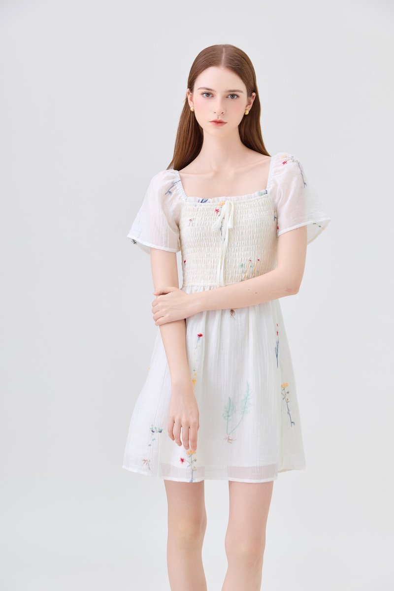 Fiora Embroidered Smocked Dress In Cream
