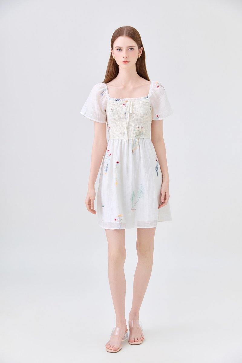 Fiora Embroidered Smocked Dress In Cream