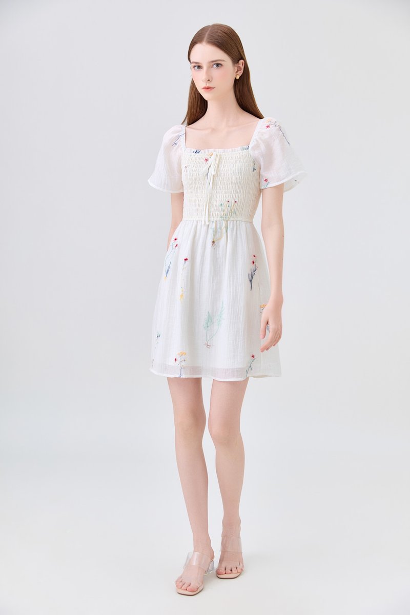 Fiora Embroidered Smocked Dress In Cream