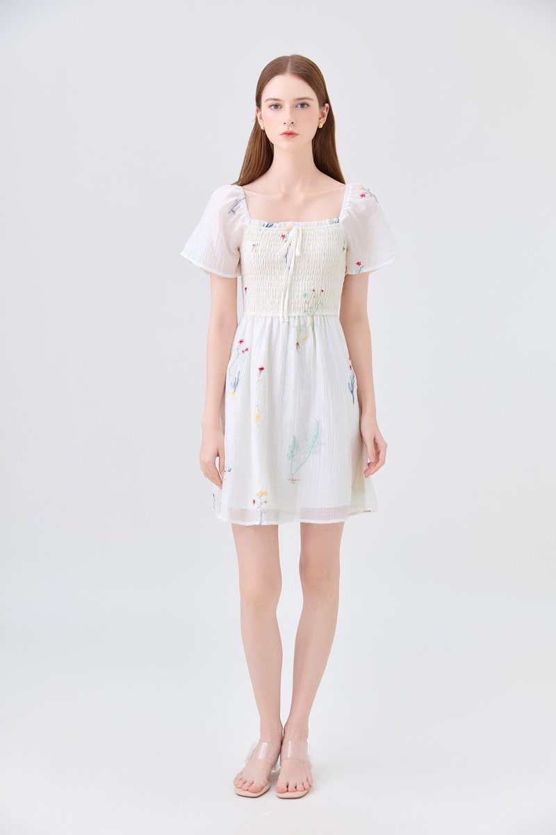 Fiora Embroidered Smocked Dress In Cream