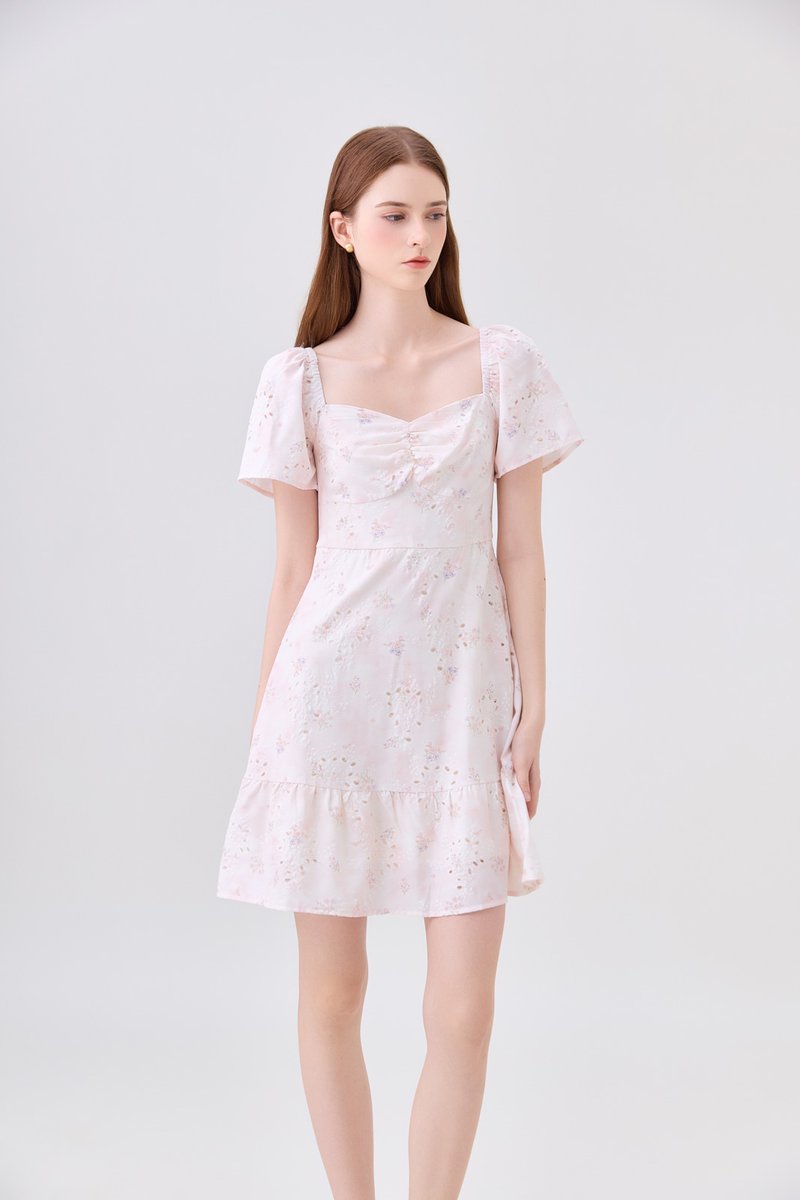 Rayne Eyelet Sweetheart Ruched Dress In Pink