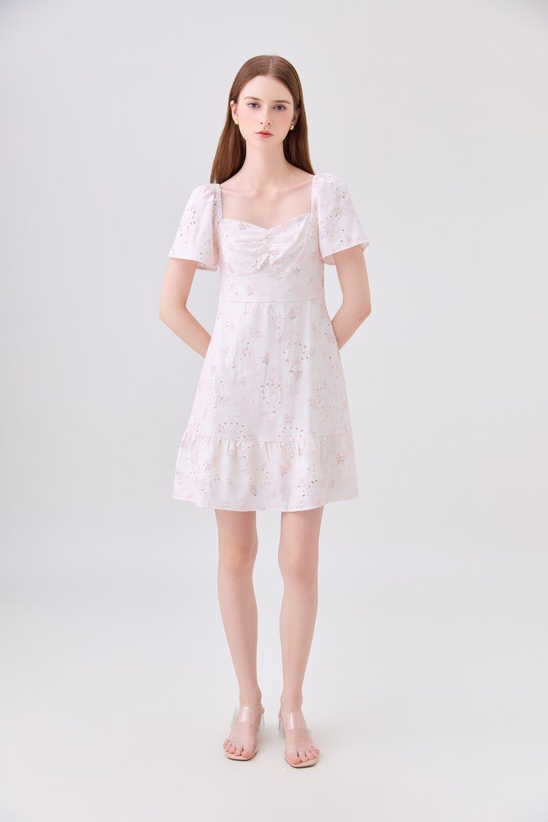 Rayne Eyelet Sweetheart Ruched Dress In Pink