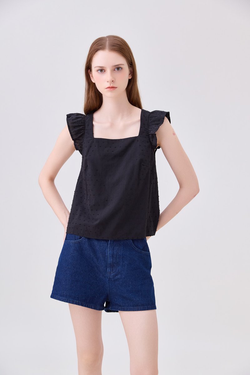 Delaney Swiss Dot Ruffles Top In Black