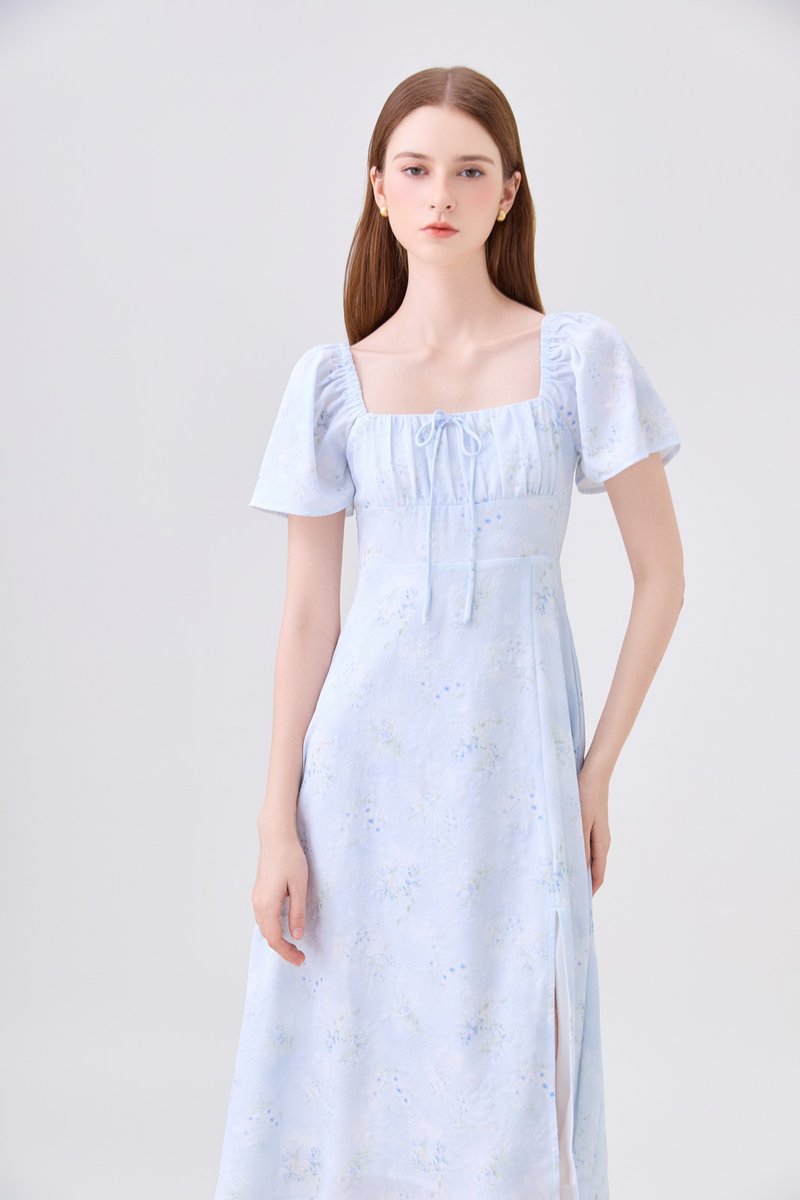 Soraya Ruched Floral Midi Dress In Soft Blue