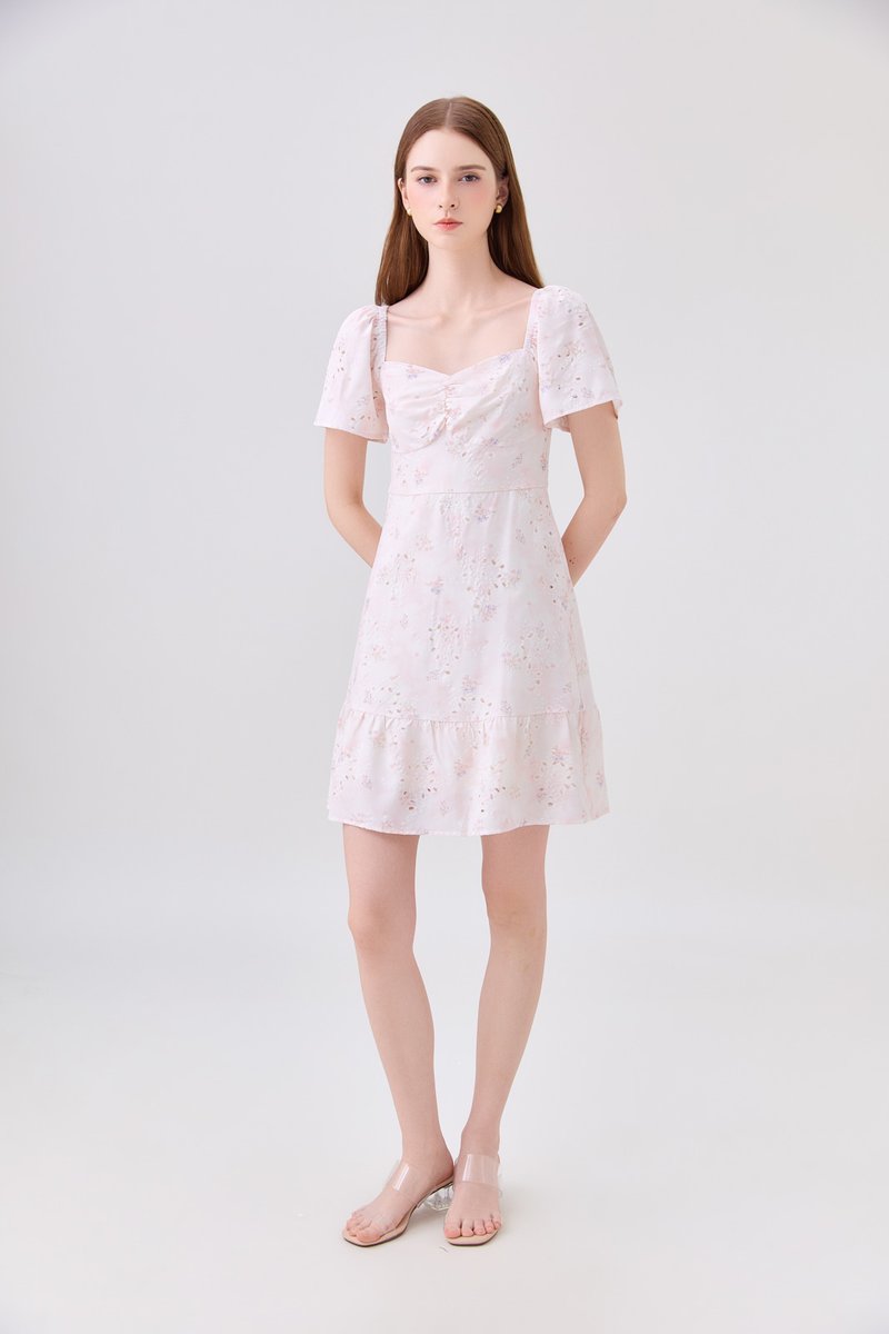 Rayne Eyelet Sweetheart Ruched Dress In Pink