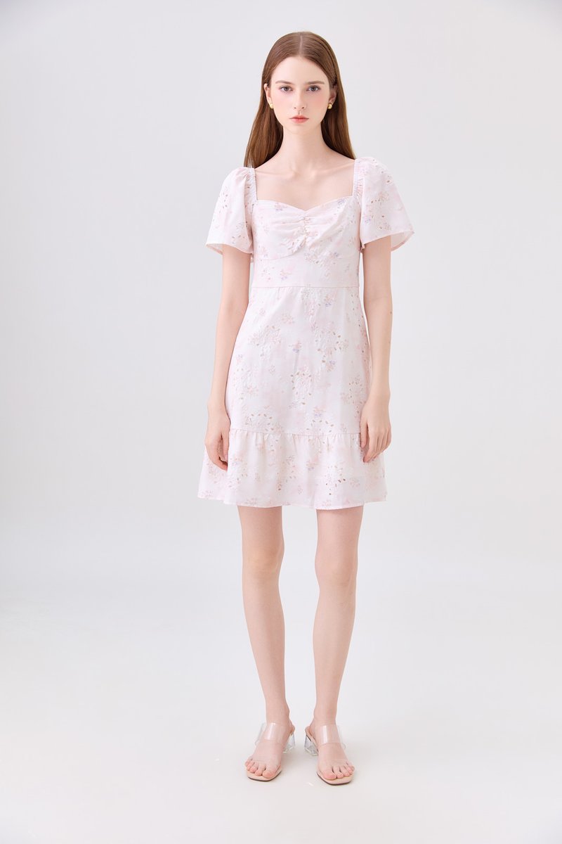 Rayne Eyelet Sweetheart Ruched Dress In Pink