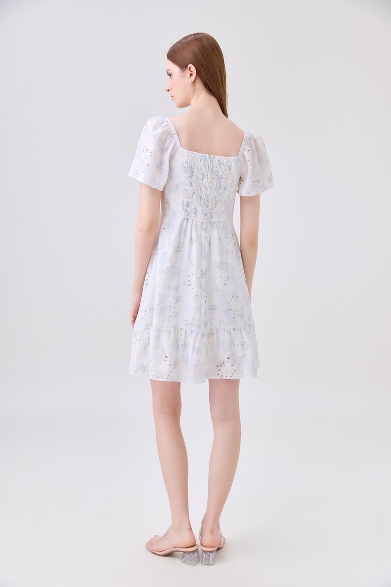 Rayne Eyelet Sweetheart Ruched Dress In Blue