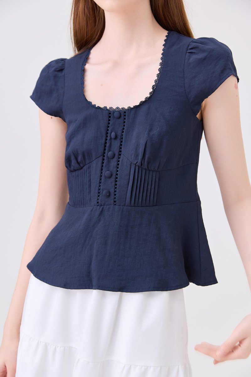 Khloe Pintuck Button Top In Navy
