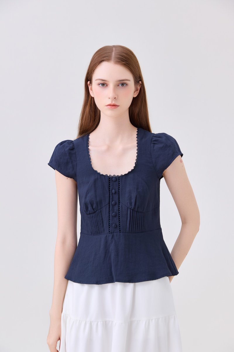 Khloe Pintuck Button Top In Navy