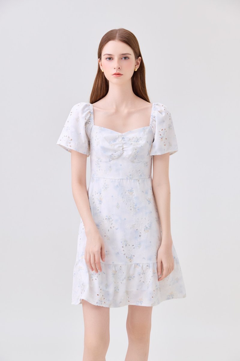 Rayne Eyelet Sweetheart Ruched Dress In Blue