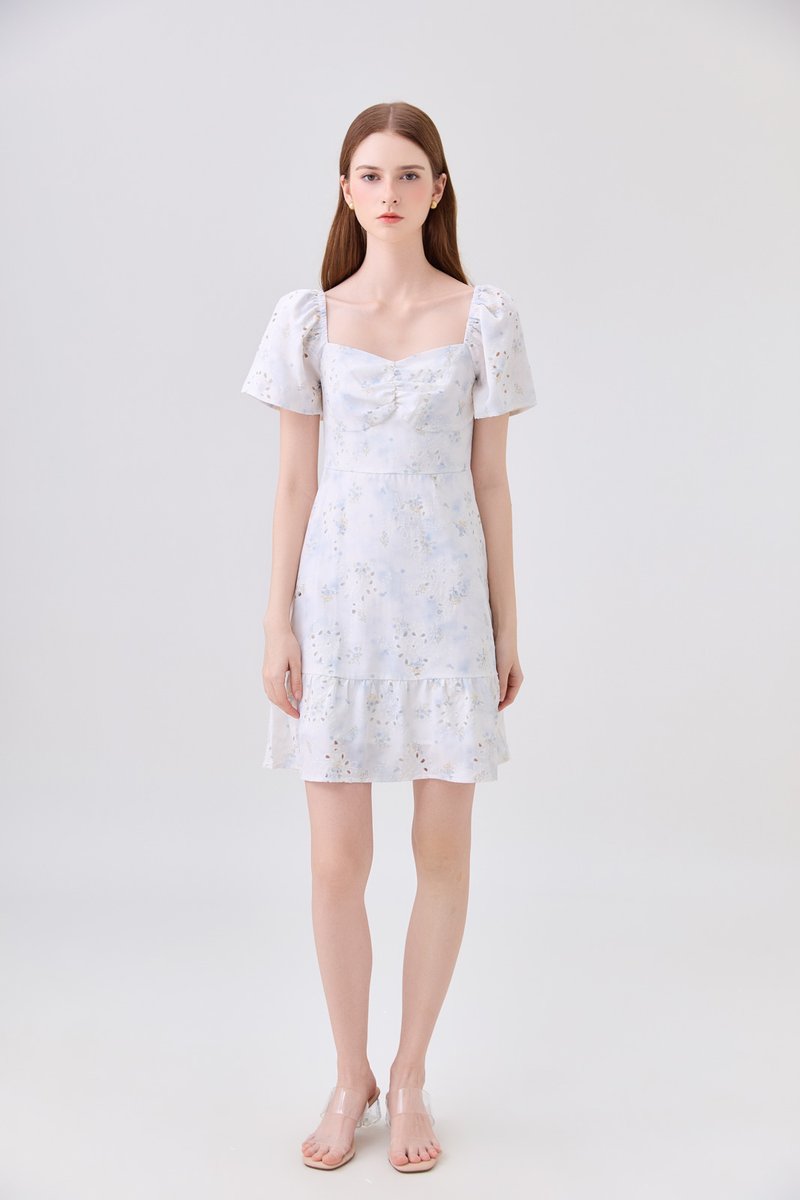 Rayne Eyelet Sweetheart Ruched Dress In Blue