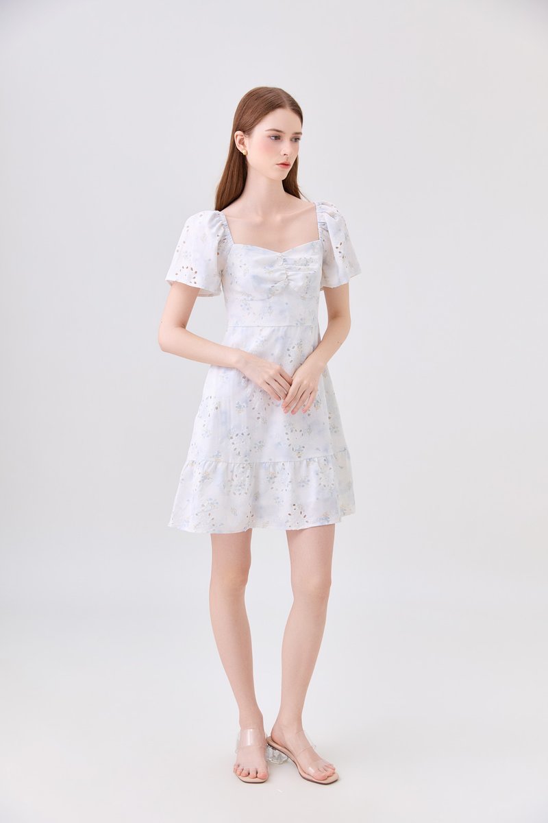 Rayne Eyelet Sweetheart Ruched Dress In Blue