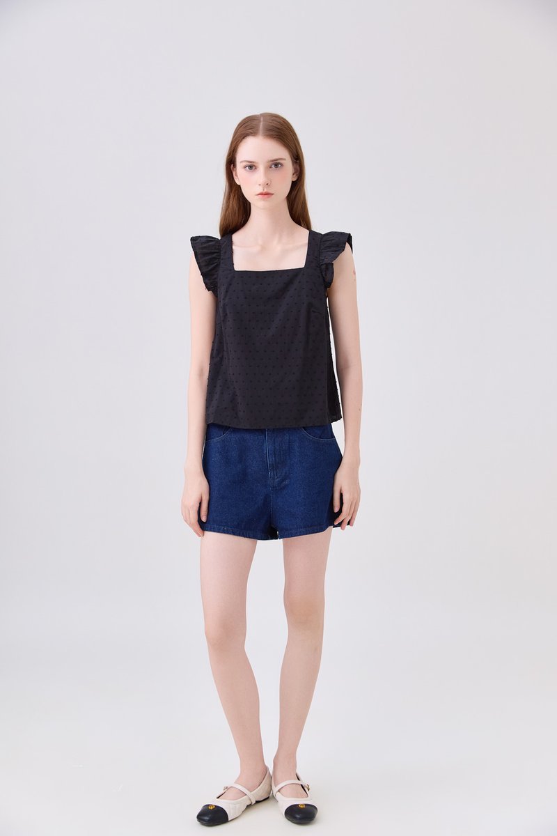 Delaney Swiss Dot Ruffles Top In Black