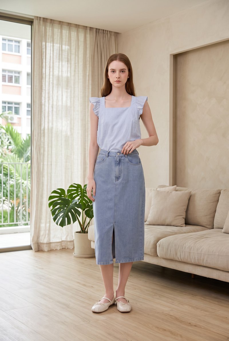 Delaney Swiss Dot Ruffles Top In Powder Blue