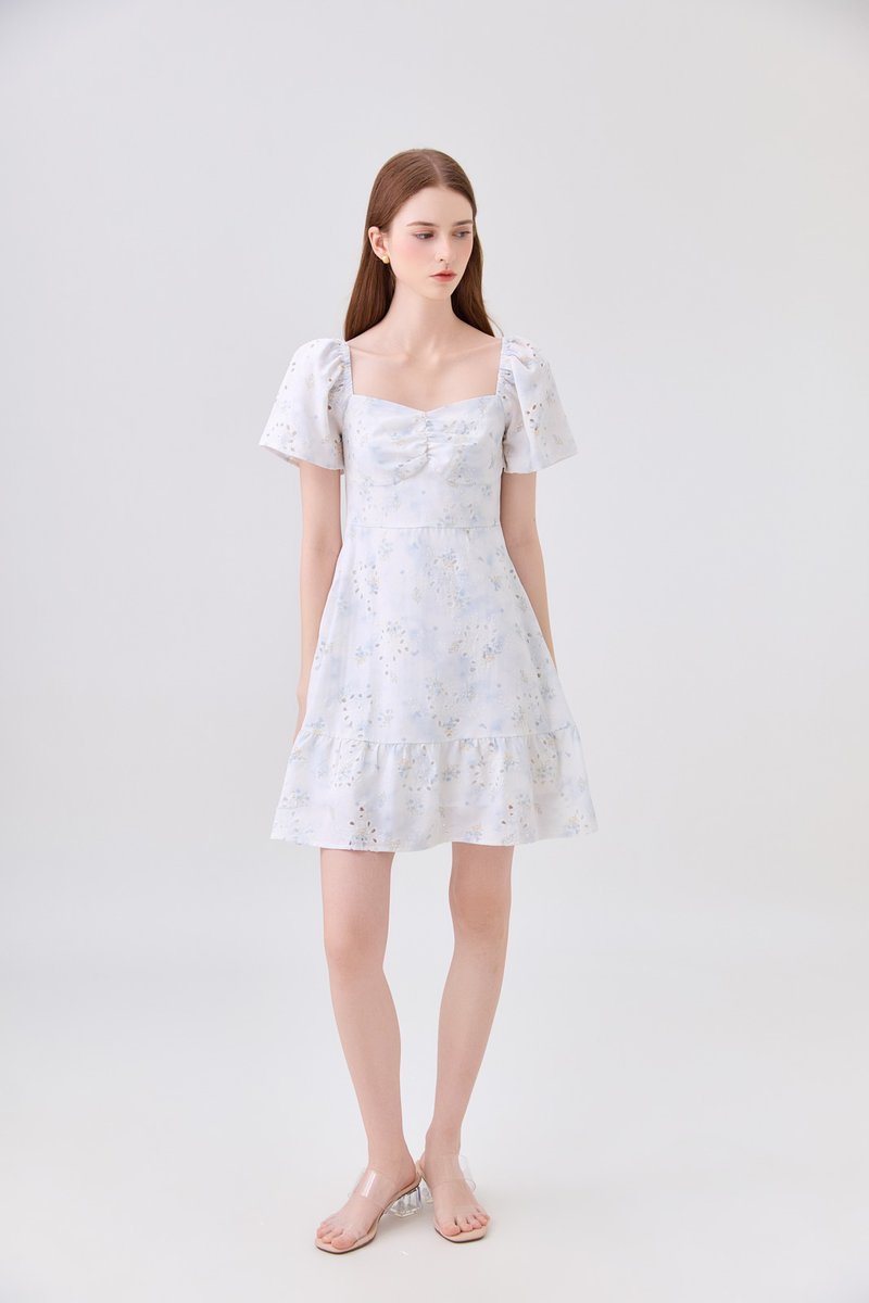 Rayne Eyelet Sweetheart Ruched Dress In Blue