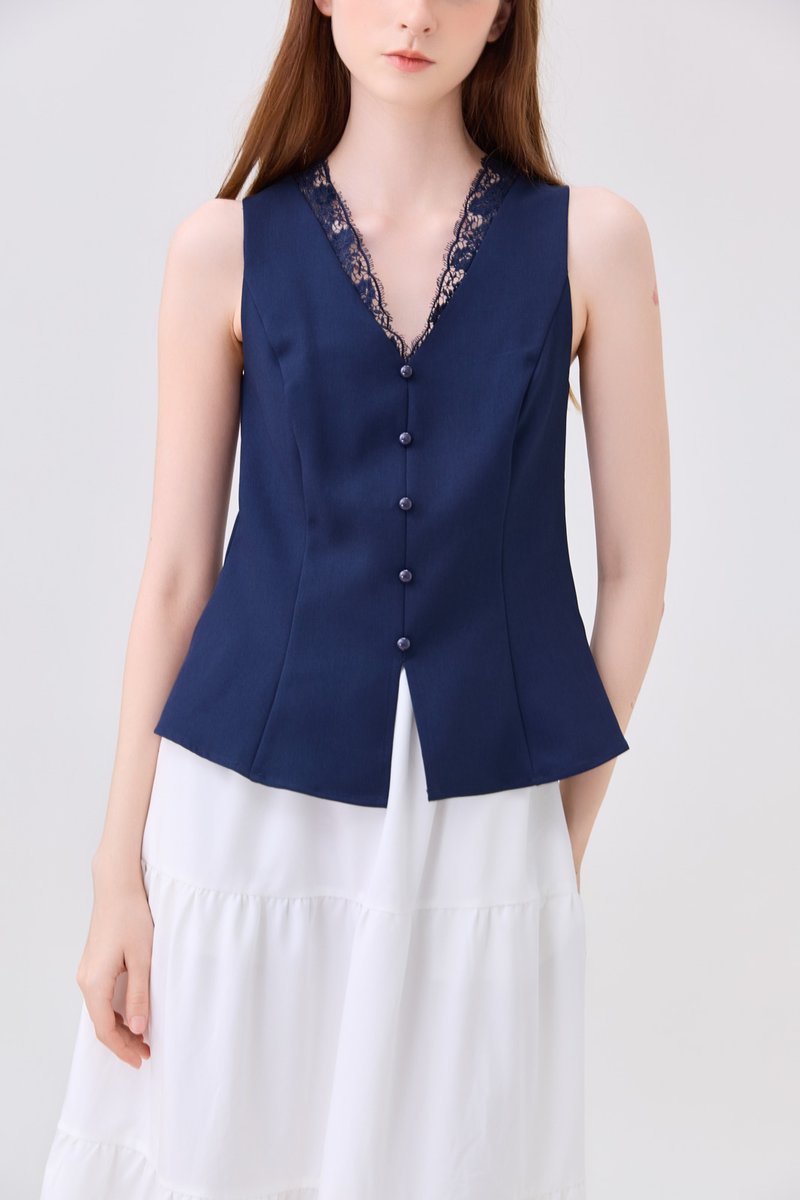 Lydia Lace Button Top In Navy