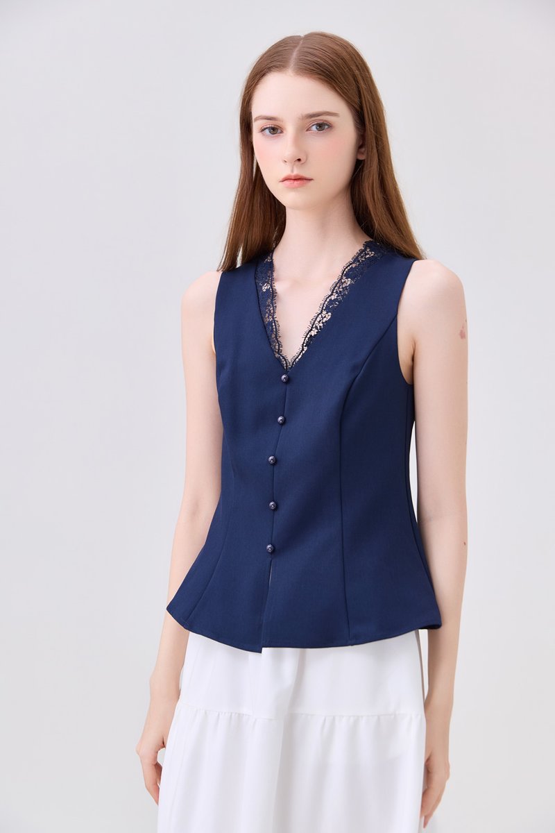 Lydia Lace Button Top In Navy