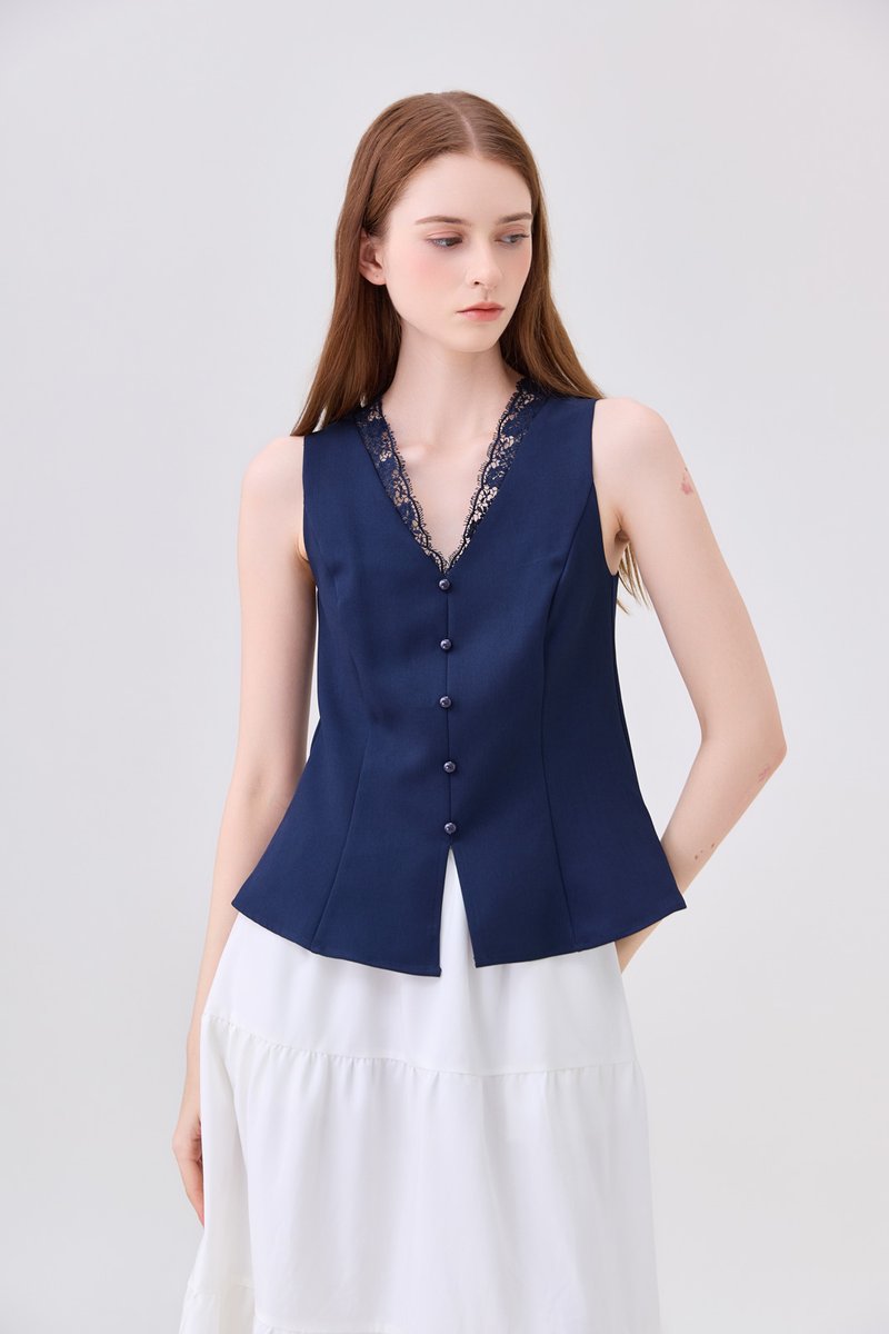 Lydia Lace Button Top In Navy