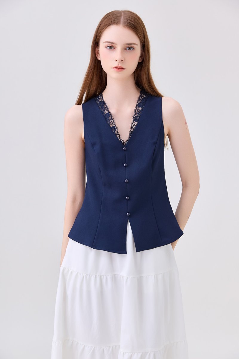 Lydia Lace Button Top In Navy