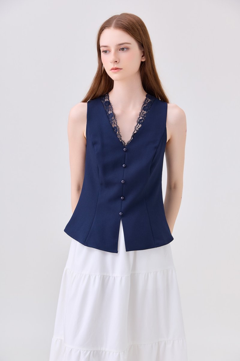 Lydia Lace Button Top In Navy