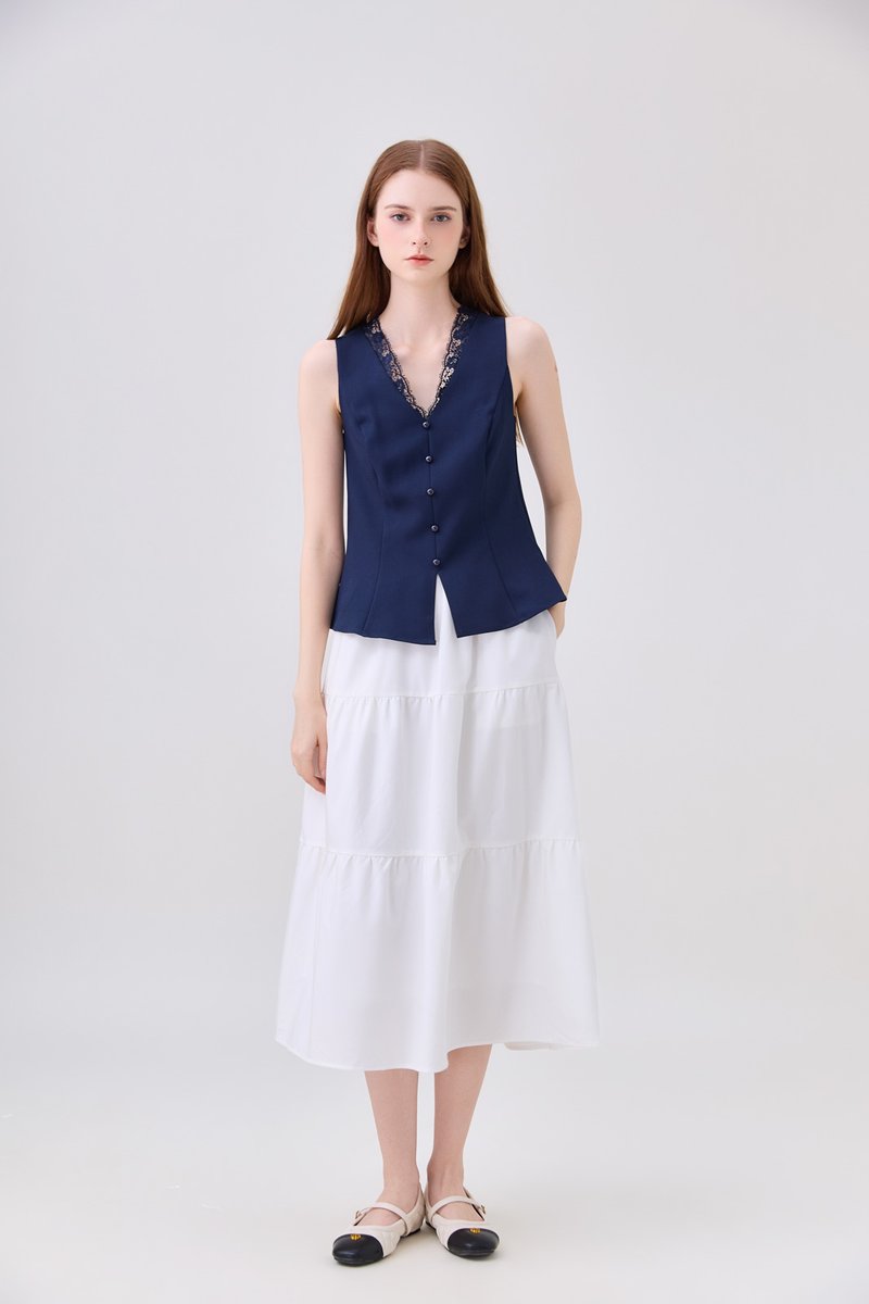 Lydia Lace Button Top In Navy