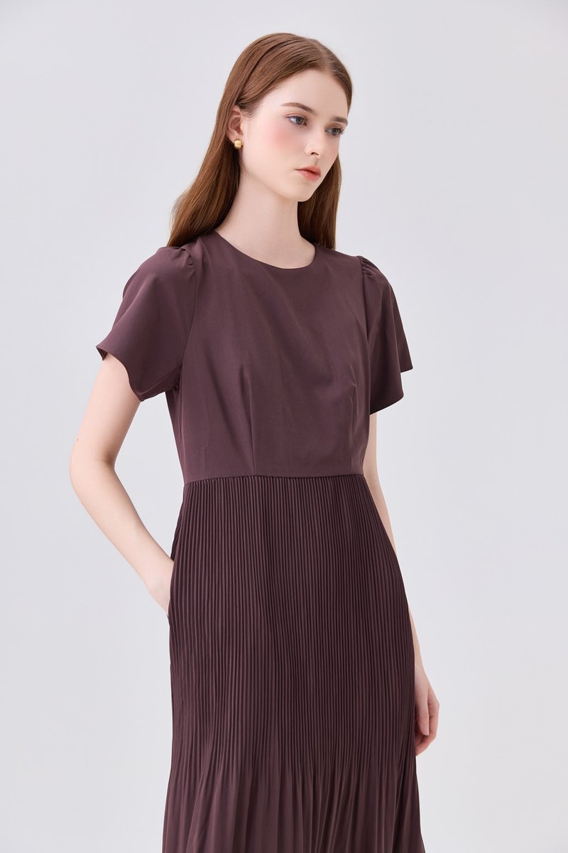 Teresa Pressed Pleat Midi Dress In Brown