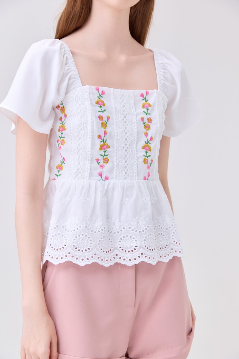 Rosalie Embroidered Eyelet Babydoll Top In White