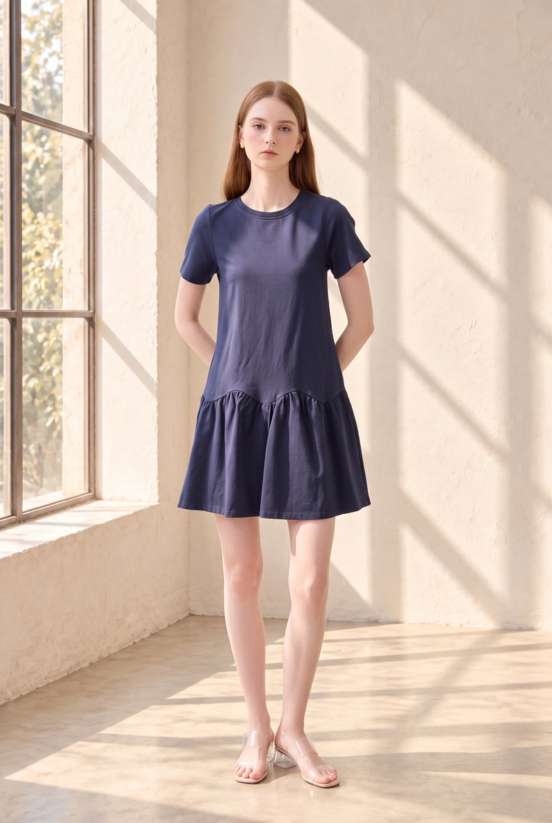 Tulia Cotton Scallop Dropwaist Dress In Navy