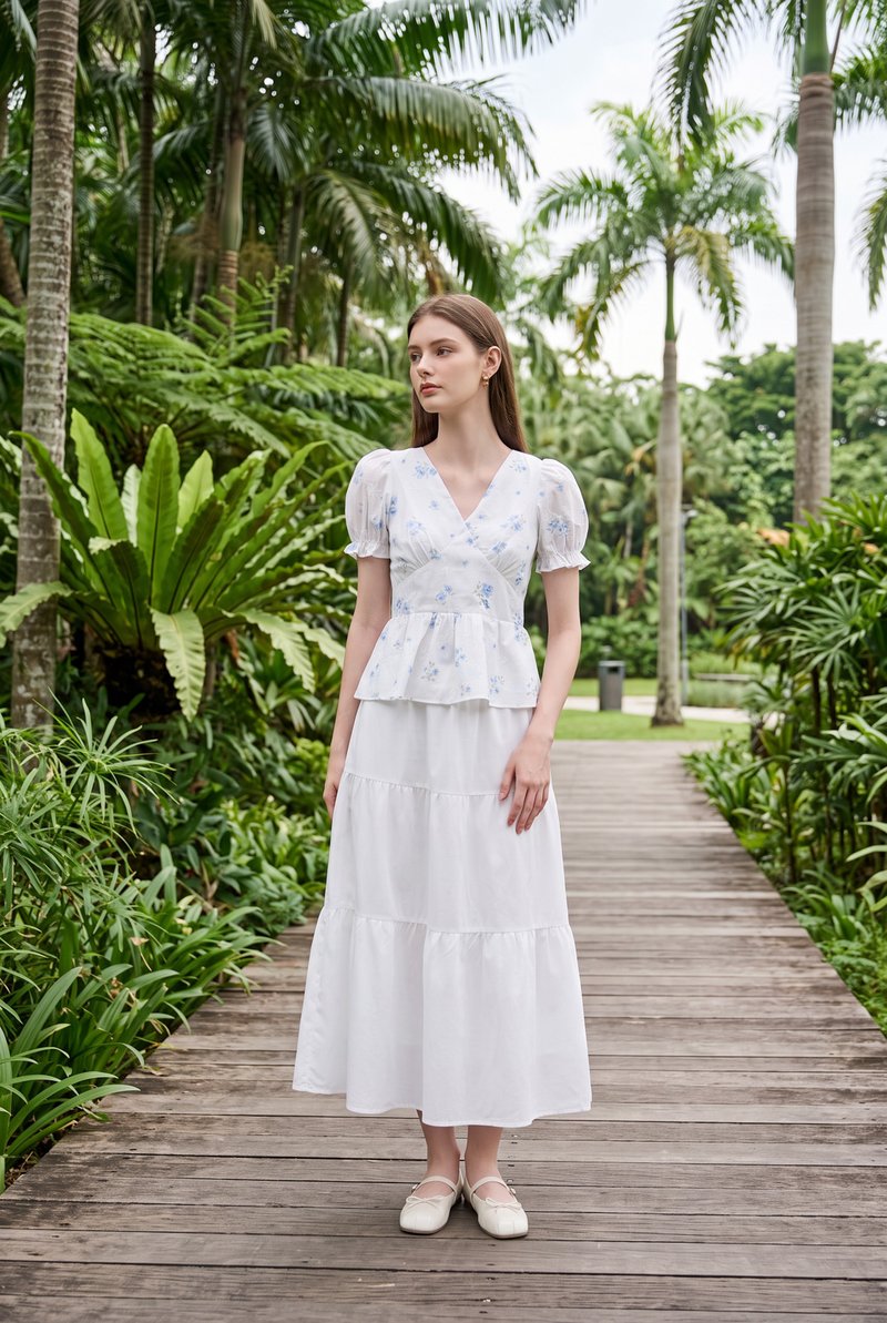 Lyanna Embroidered Empire Waist Babydoll Top In Blue