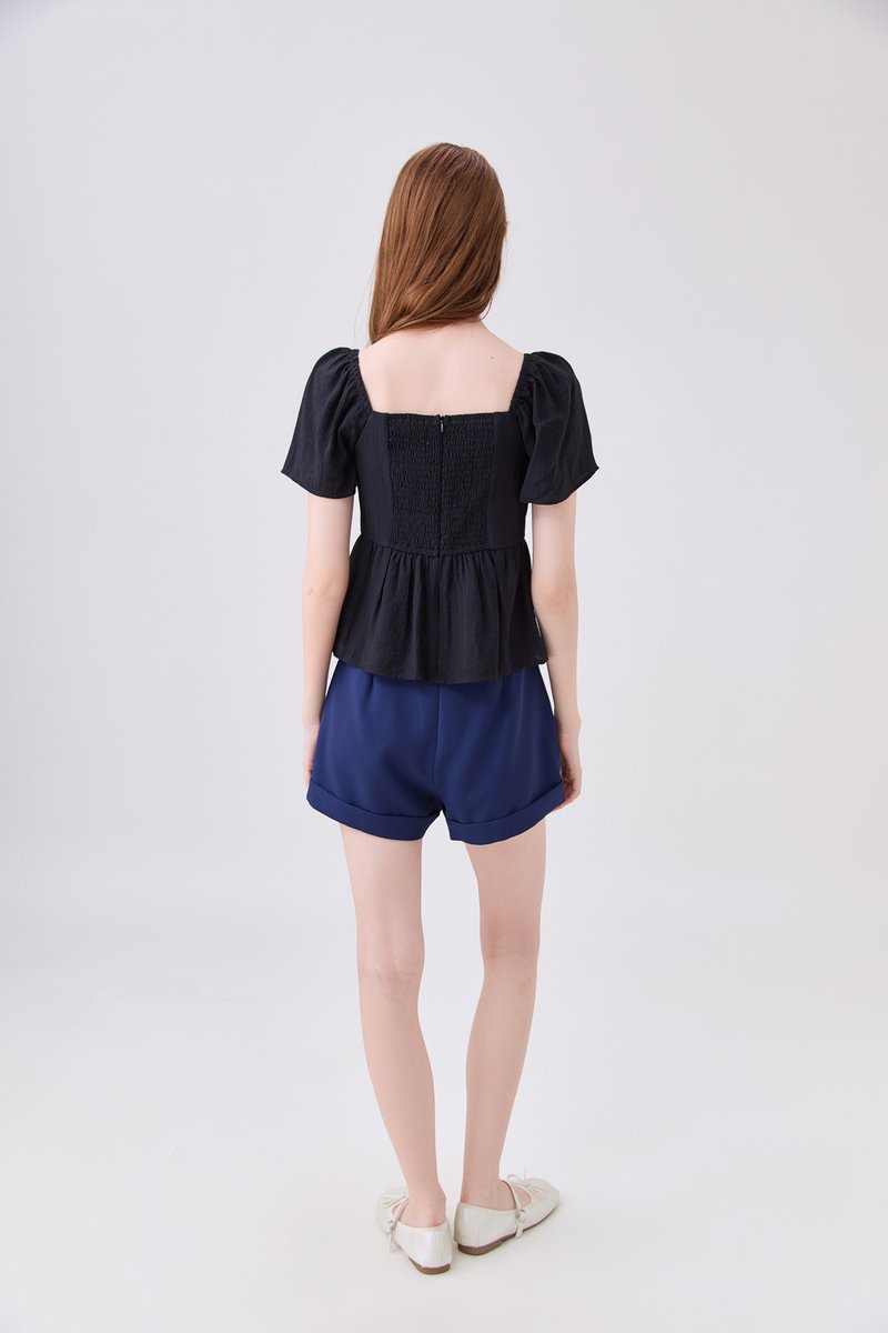 Zaya Textured Ribbon Babydoll Top In Black