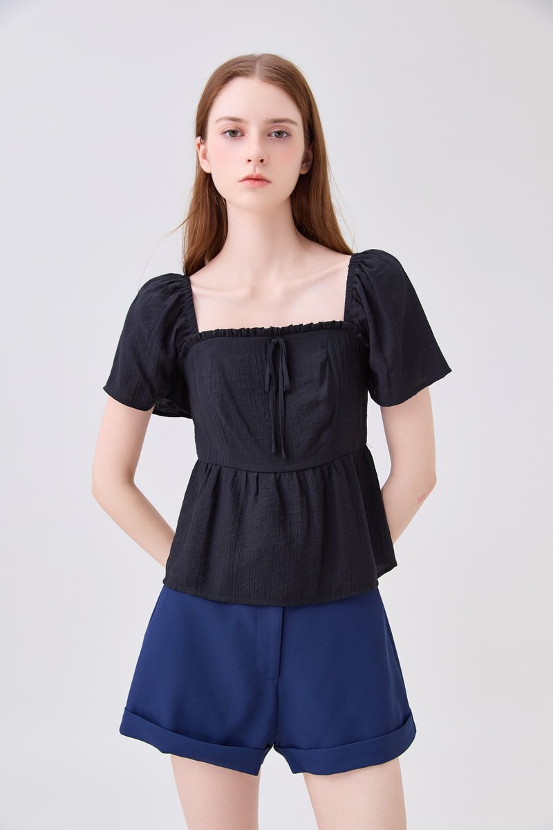 Zaya Textured Ribbon Babydoll Top In Black