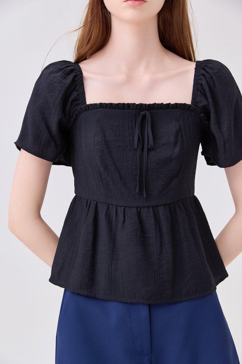 Zaya Textured Ribbon Babydoll Top In Black