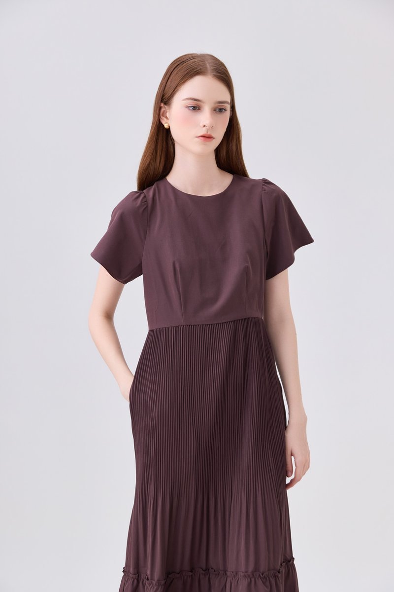 Teresa Pressed Pleat Midi Dress In Brown