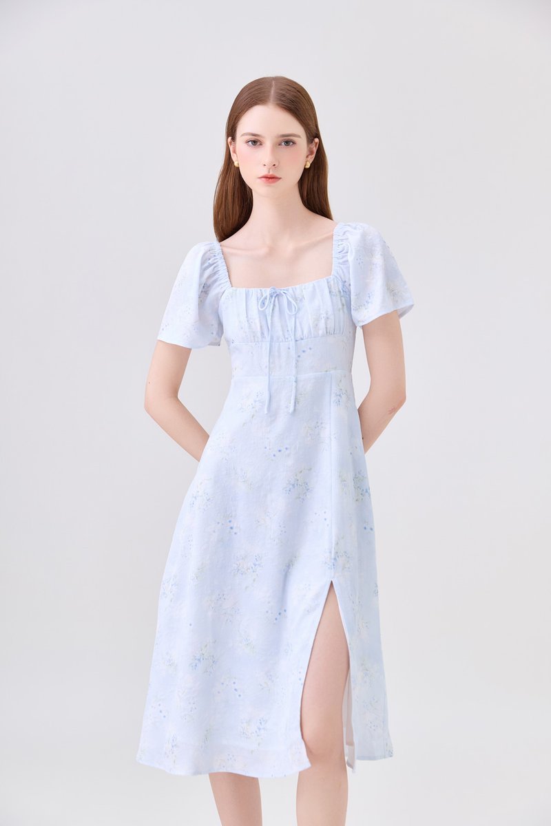 Soraya Ruched Floral Midi Dress In Soft Blue