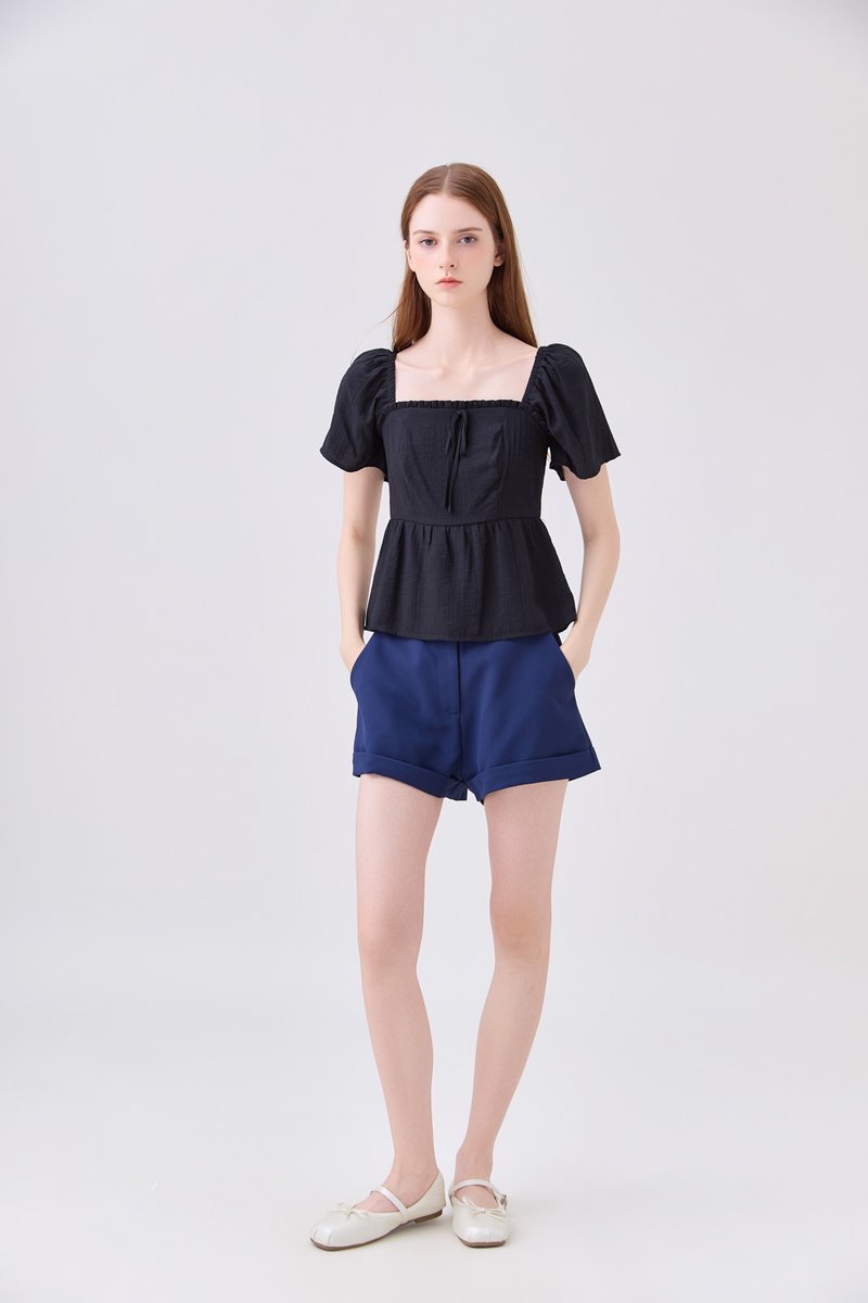 Zaya Textured Ribbon Babydoll Top In Black