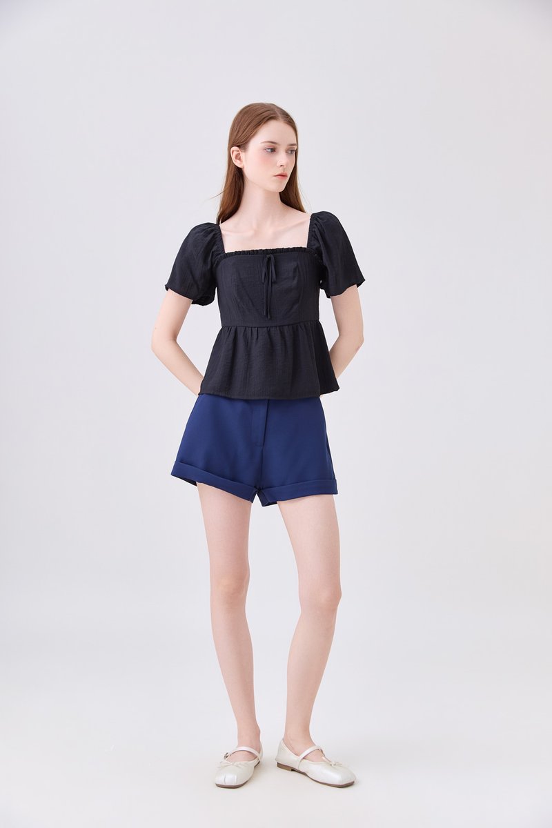 Zaya Textured Ribbon Babydoll Top In Black