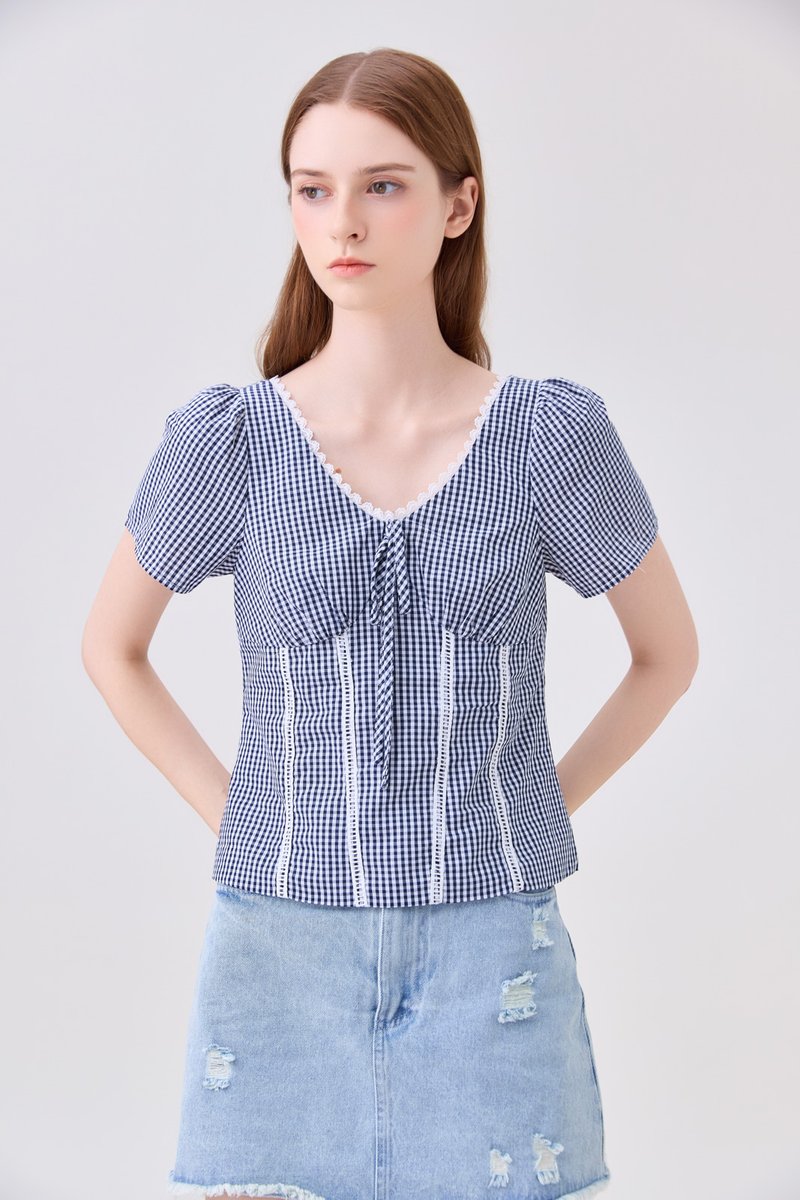 Evania Gingham Lattice Eyelet Top