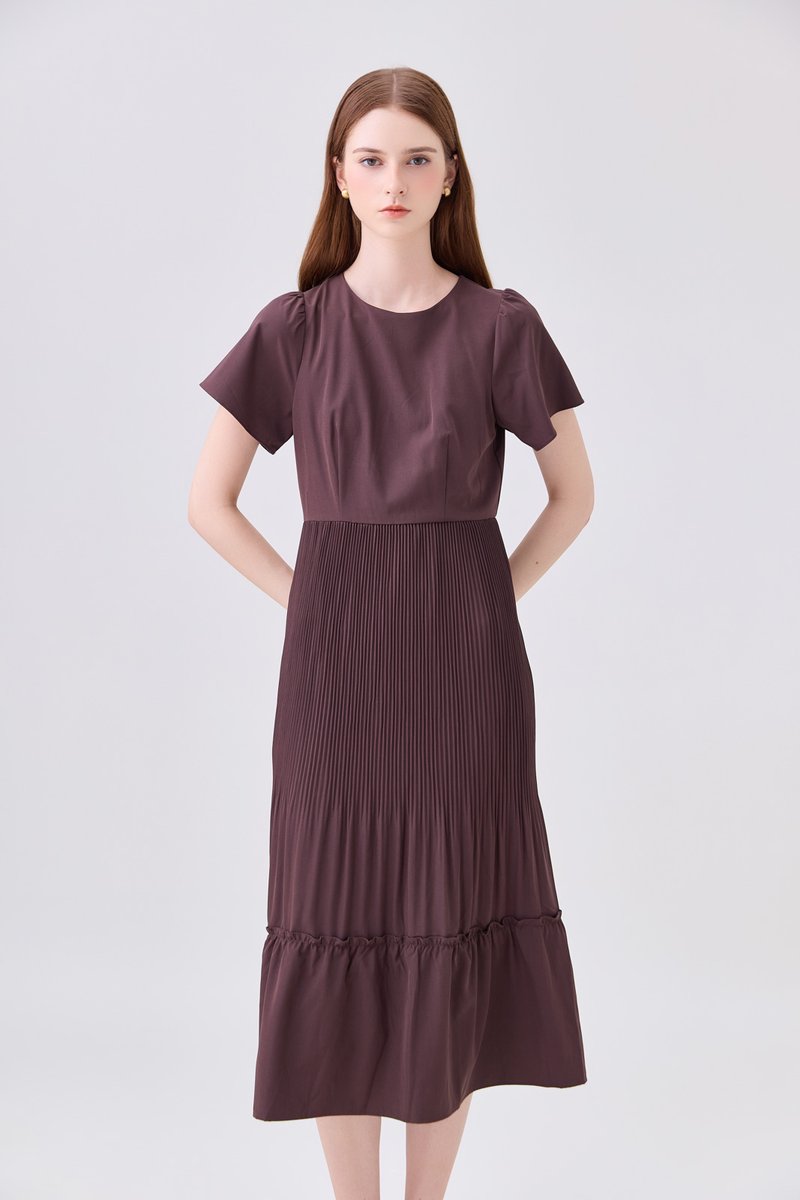 Teresa Pressed Pleat Midi Dress In Brown