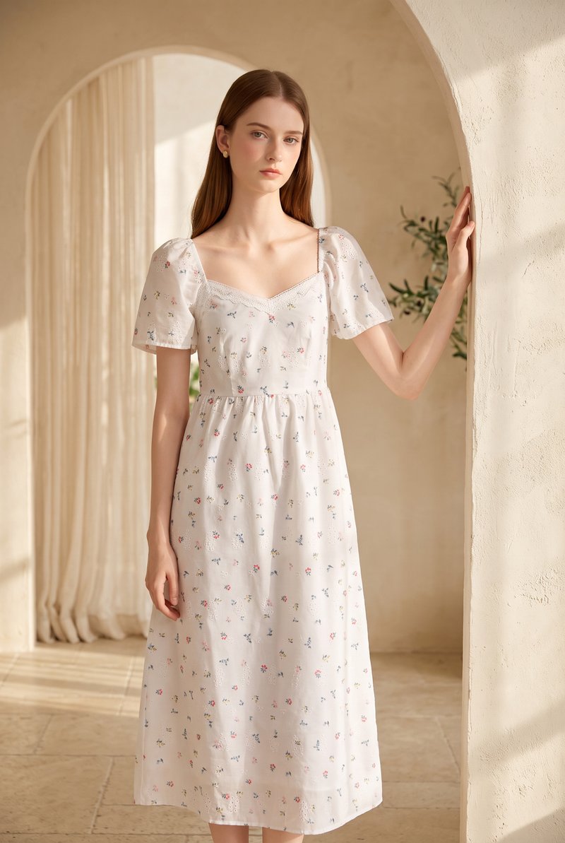 Delphine Floral Eyelet Midi Dress In White