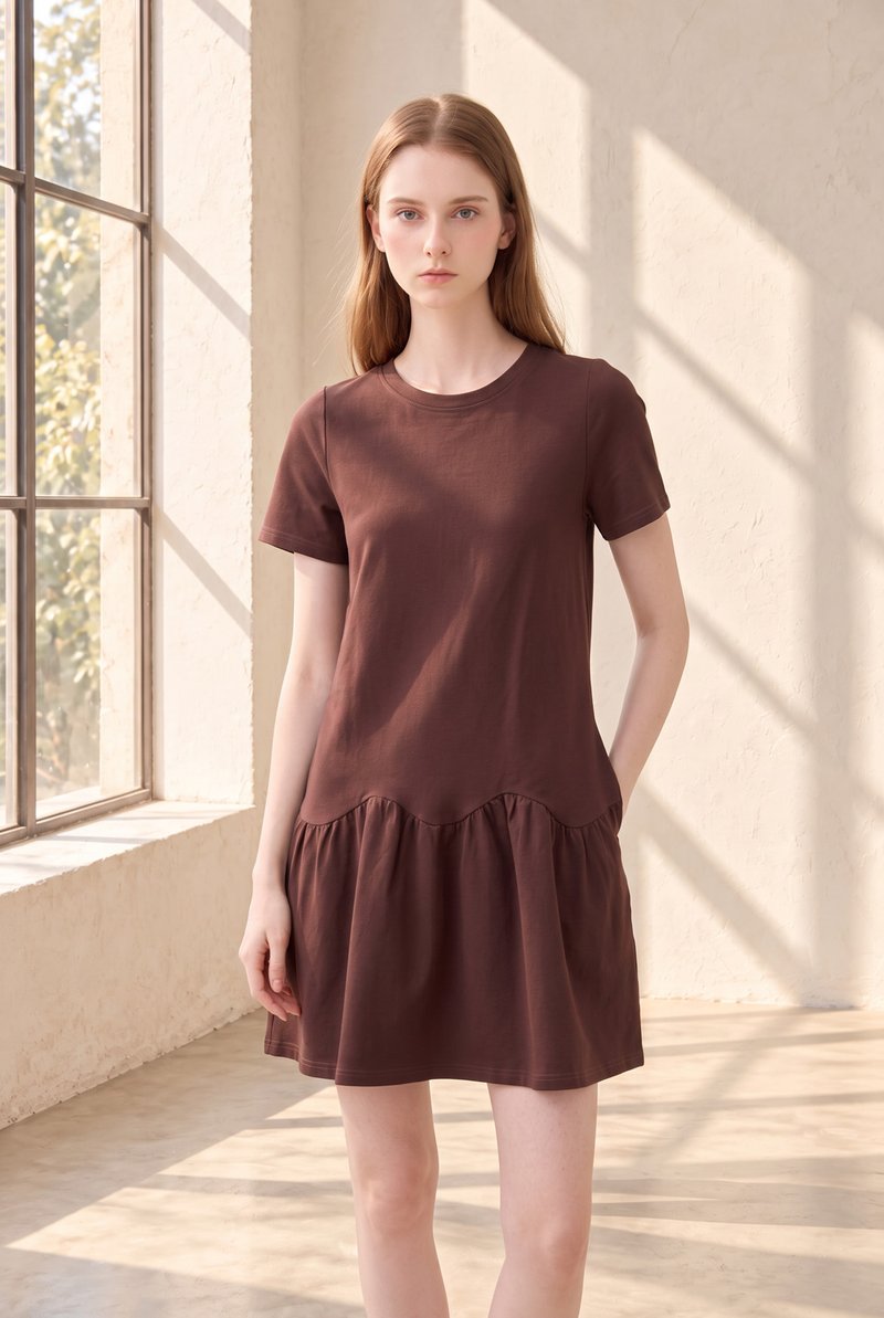 Tulia Cotton Scallop Dropwaist Dress In Brown