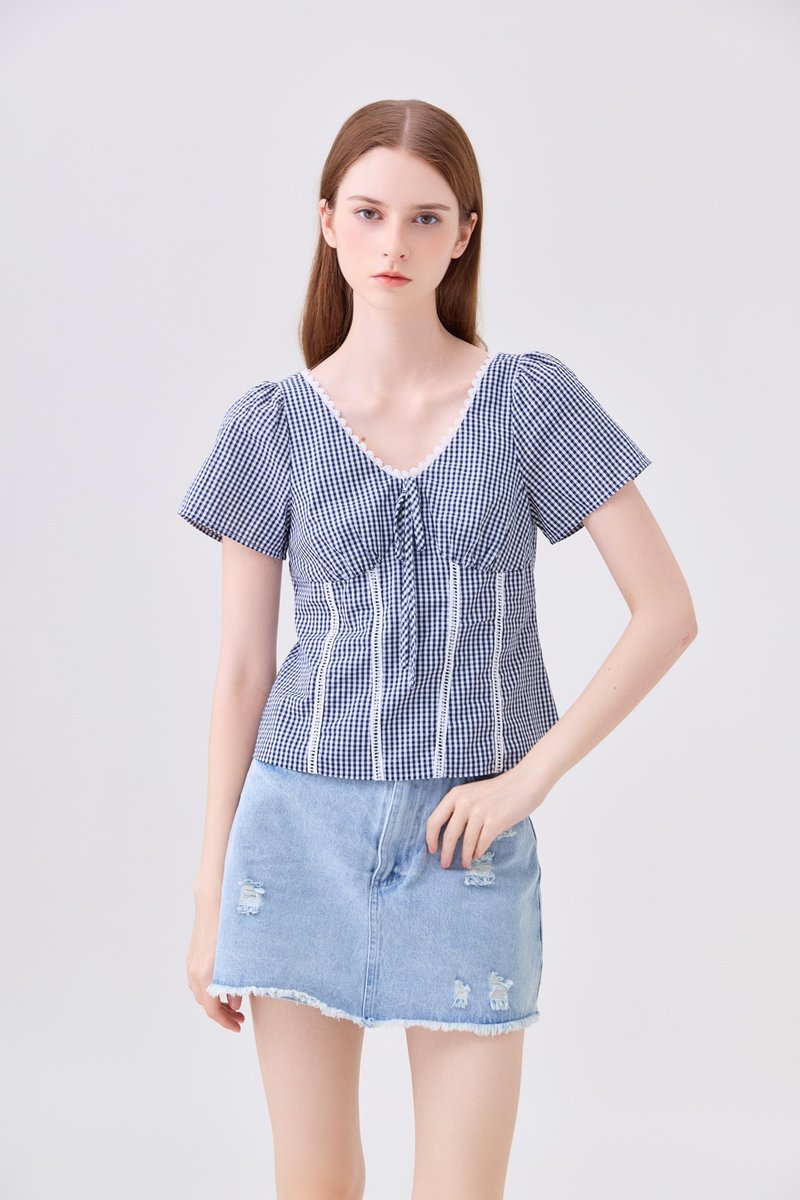Evania Gingham Lattice Eyelet Top