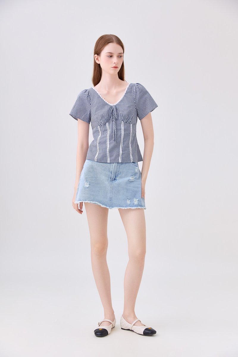 Evania Gingham Lattice Eyelet Top