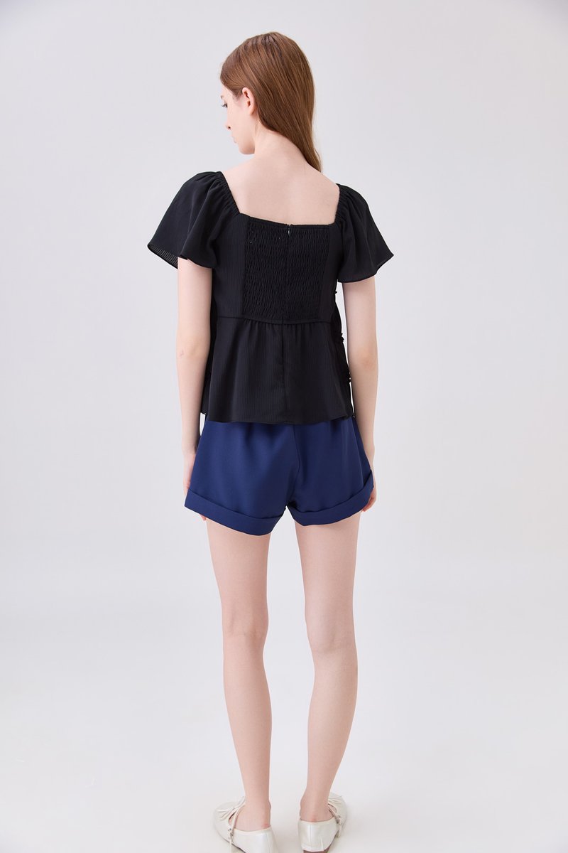 Evelina Textured Ruffles Ribbon Top In Black