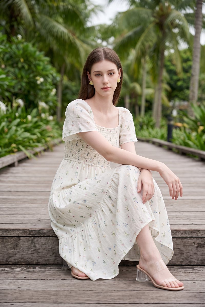 Emi Smocked Floral Midi Tier Dress In Cream