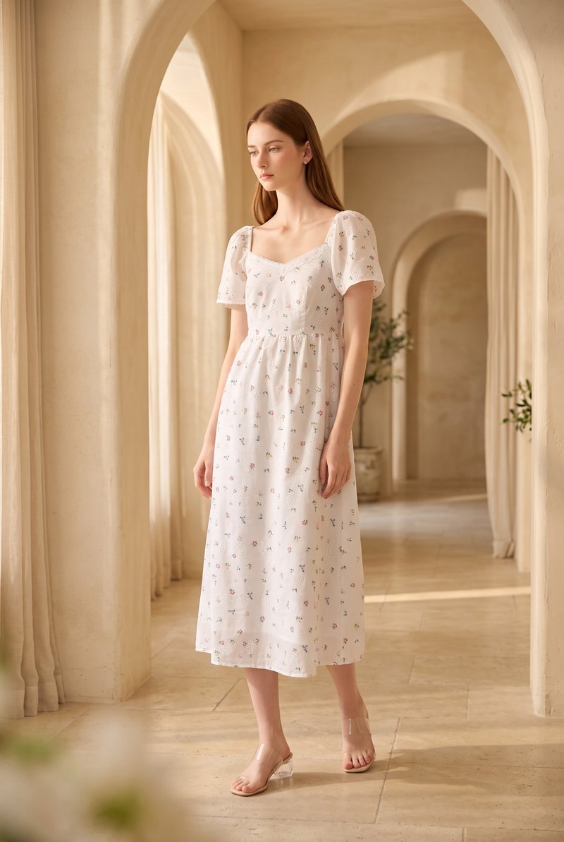 Delphine Floral Eyelet Midi Dress In White